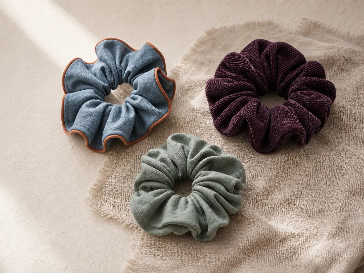 Concept sculptural textile scrunchie set in plum jade and cool blue
