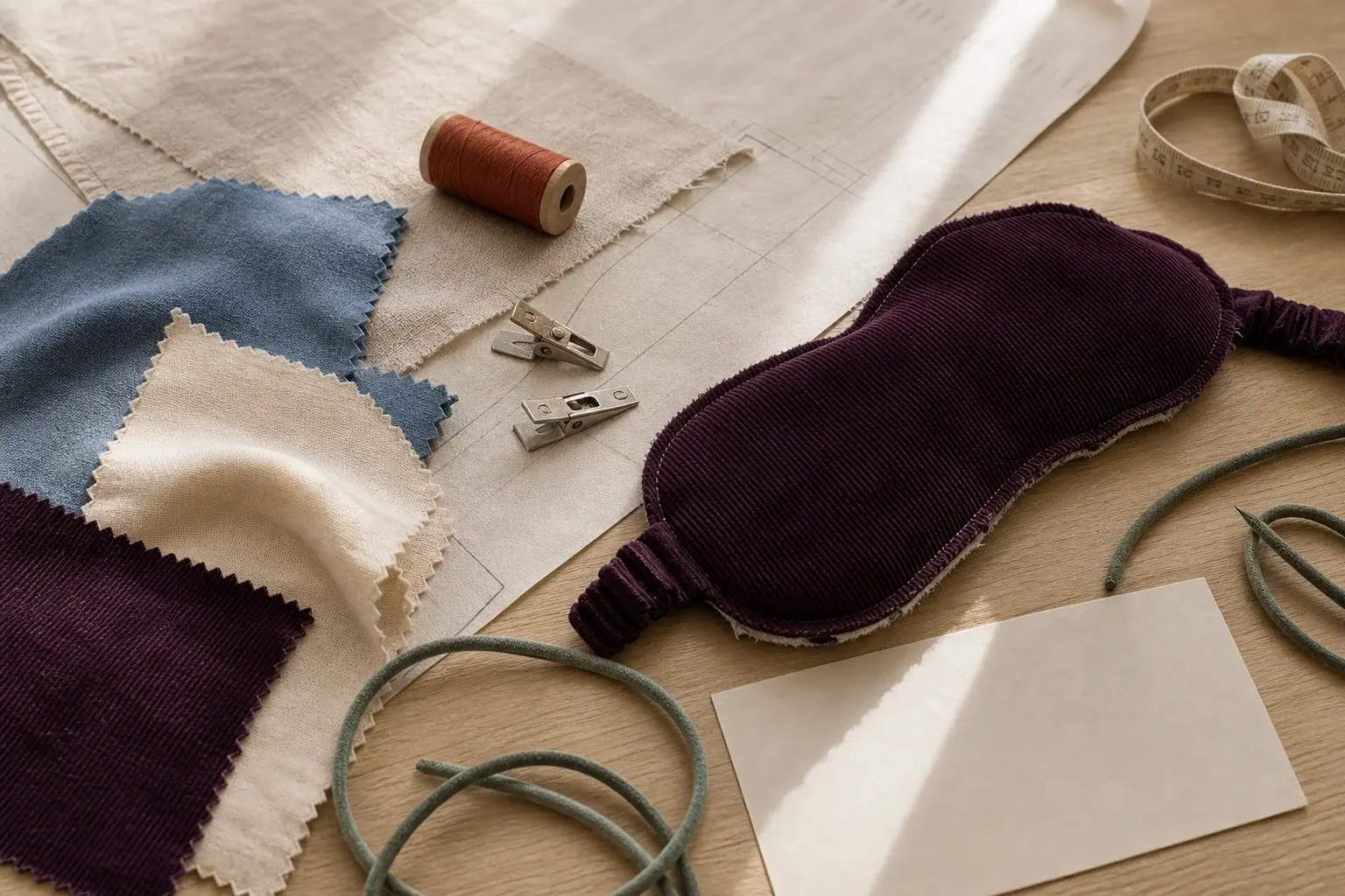 Concept textile development worktable with fabric swatches, an unfinished sleep mask and sampling tools
